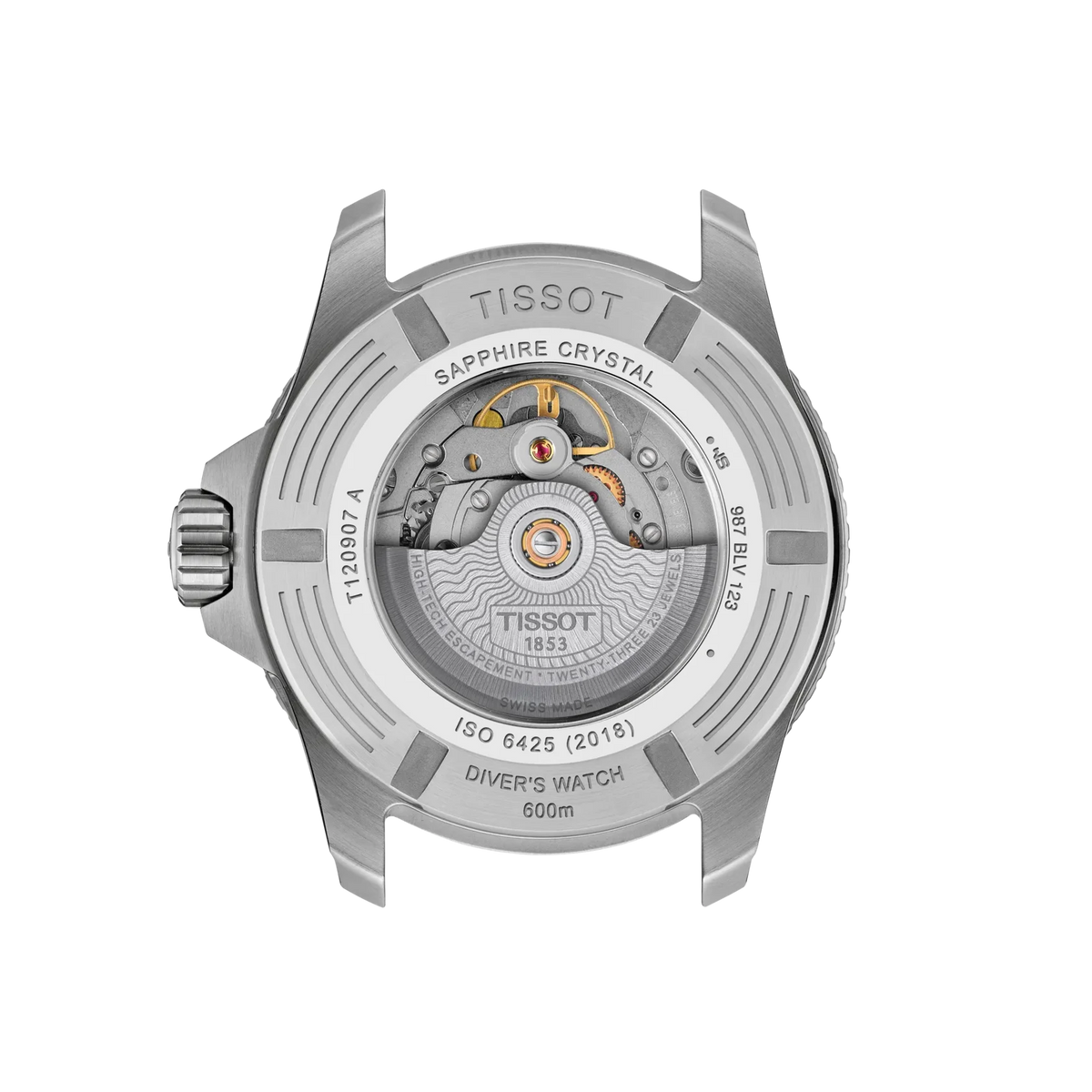 Tissot watch back with visible mechanical components on a white background