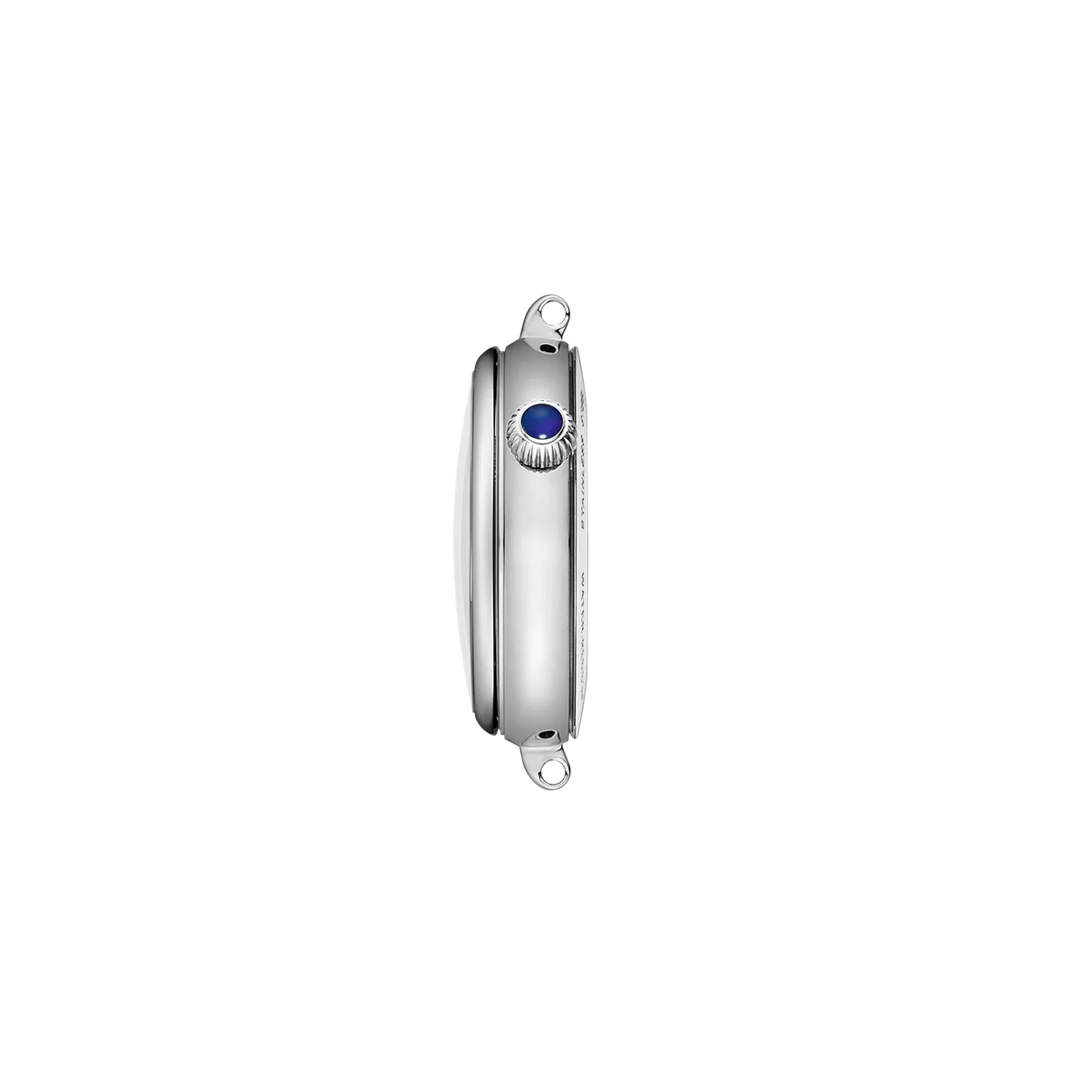 A slim silver-toned smartwatch shown in a side profile view against a solid white background, featuring a blue bezel-set crown button.