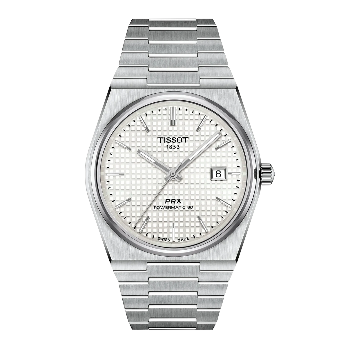Tissot PRX Powermatic 80 automatic watch with a stainless steel bracelet and a white textured dial, shown on a solid white background.