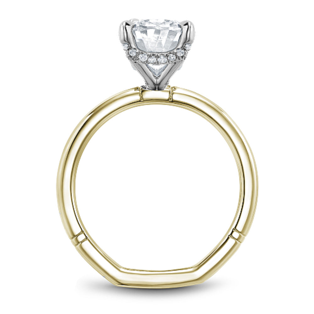 Gold Noam Carver euroshank ring with an oval diamond center on a white background