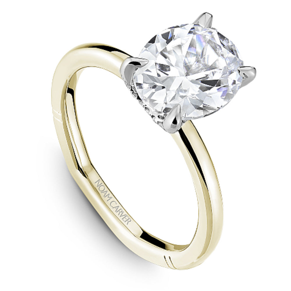 Gold Noam Carver euroshank ring with an oval diamond center on a white background