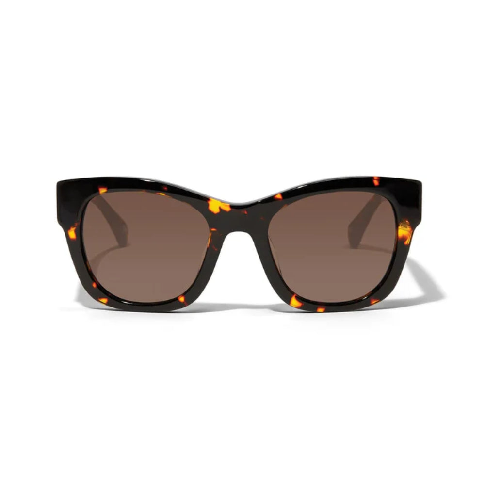 Sunglasses with tortoiseshell frame and brown lenses on a white background