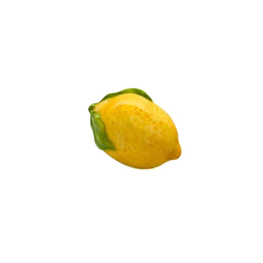 Yellow lemon with green stem on a white background