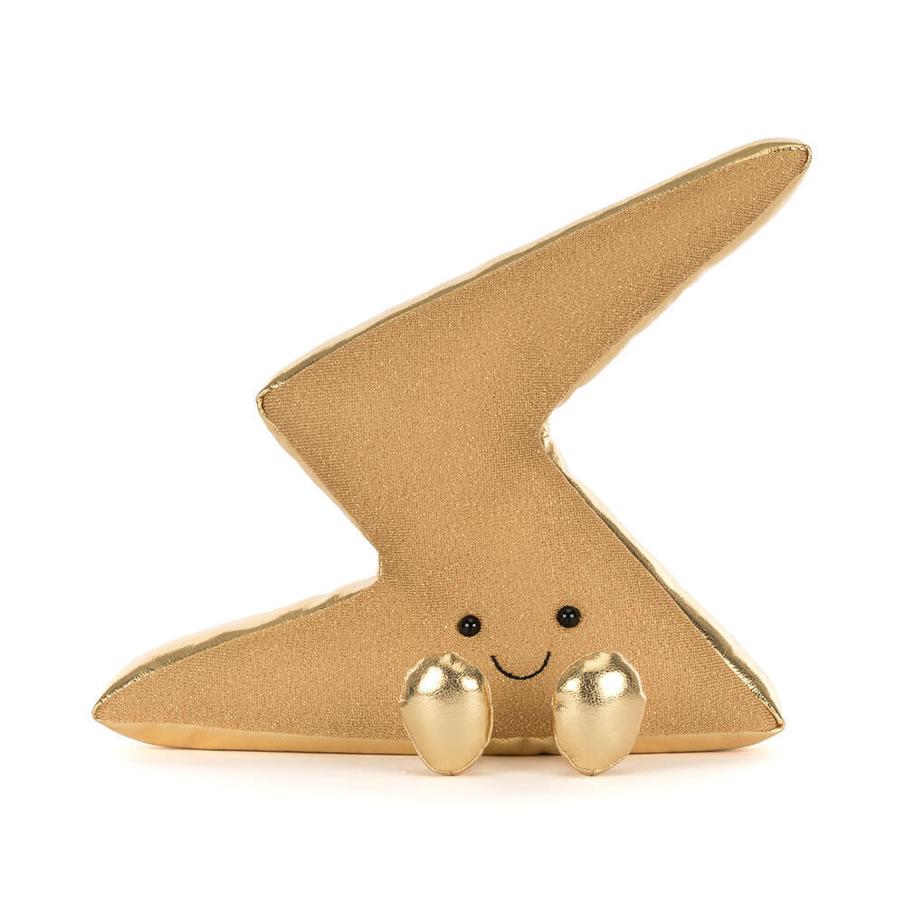 A front photo of a gold lightning bolt-shaped figurine plush toy with a smiling face and gold legs on a white background.