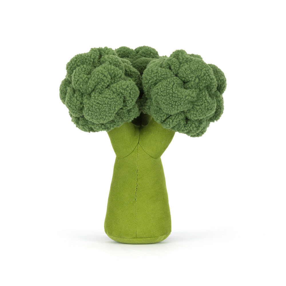 A back side facing photo of an plush toy shaped like green broccoli on a white background