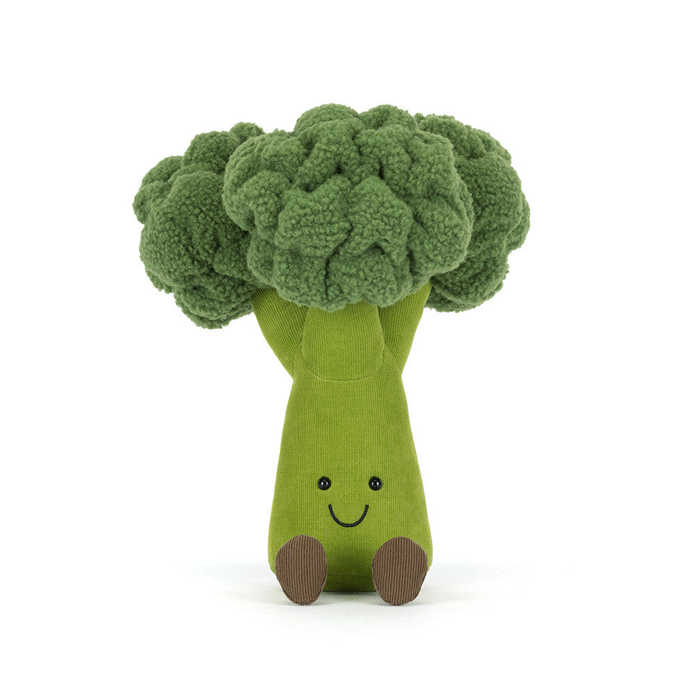 A front facing photo of an plush toy shaped like green broccoli on a white background