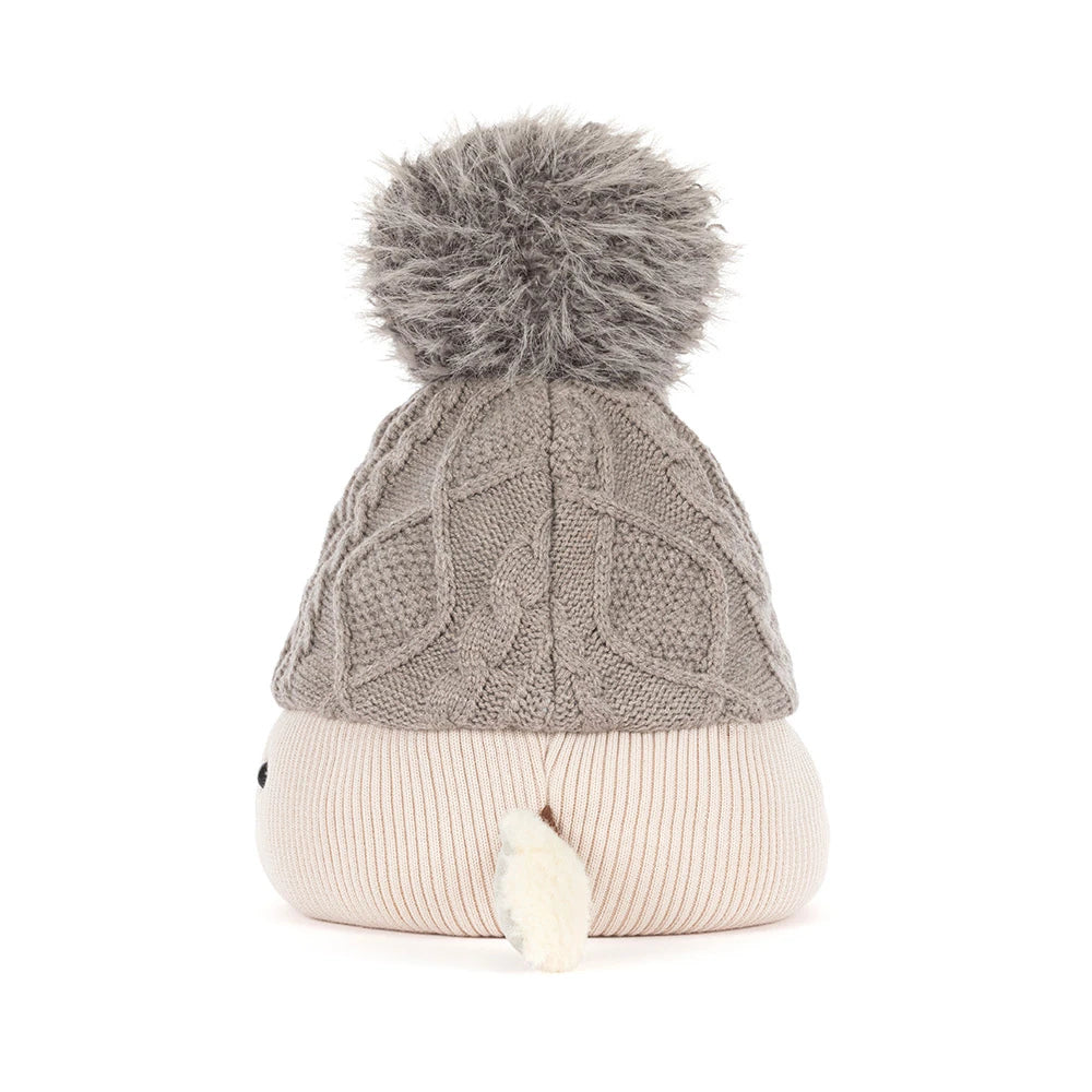 A baby knit pom-pom beanie hat featuring a textured gray cable-knit top section with a fluffy gray pom-pom, and a soft ribbed cream-colored bottom section with a small white faux-fur accent.