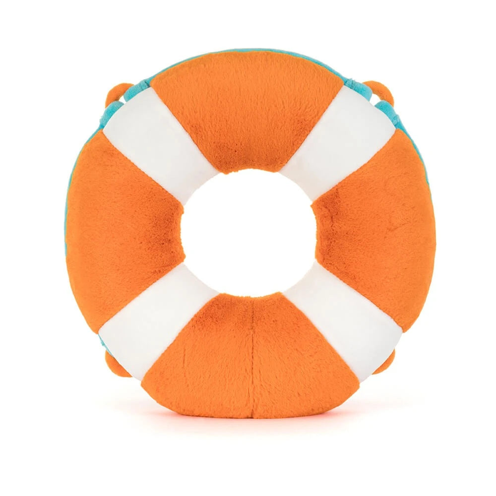 A photo of the back of a plush toy of a orange & white striped life ring that says "Jellycat" in white letters with a face and brown legs with white sandles on a white backround.