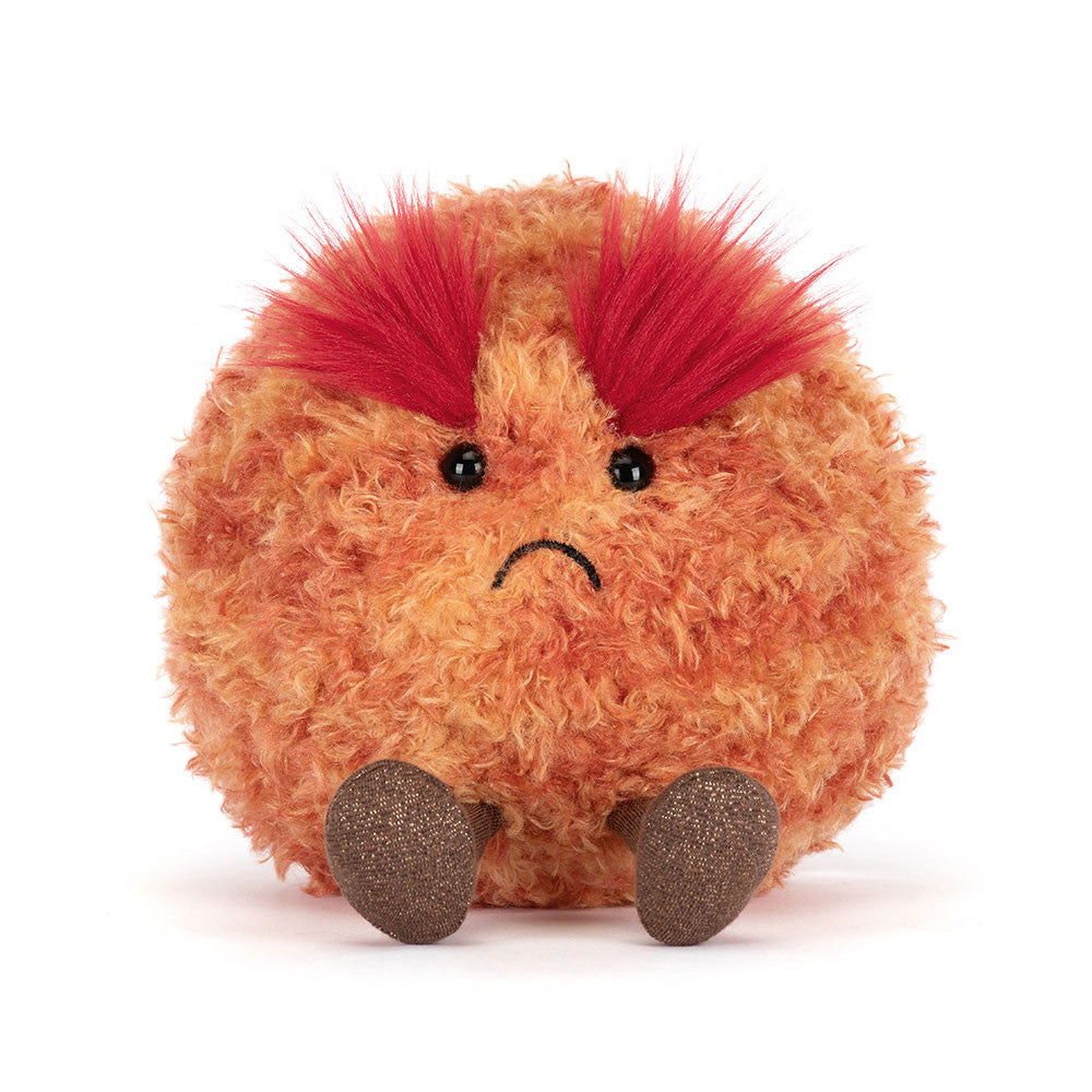 A front facing photo of the jellycat amuseables planet mars plush toy with red hair and a sad expression on a white background