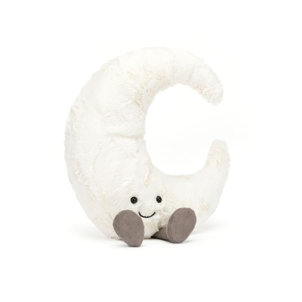 A White plush crescent moon with a smiling face and grey leggs on a white background.