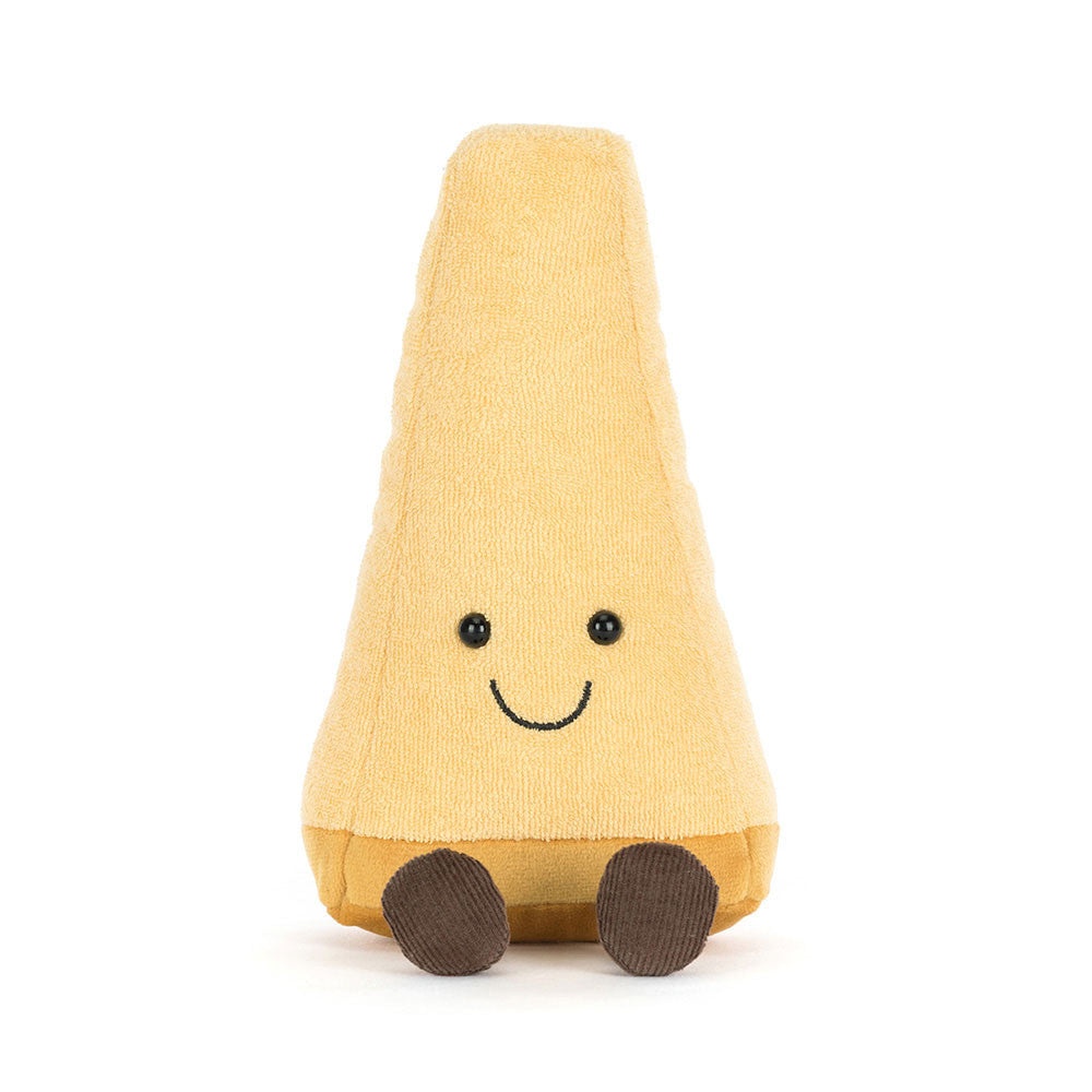Front photo of a yellow plush toy shaped like parmesan cheese with a smiling face on a white background