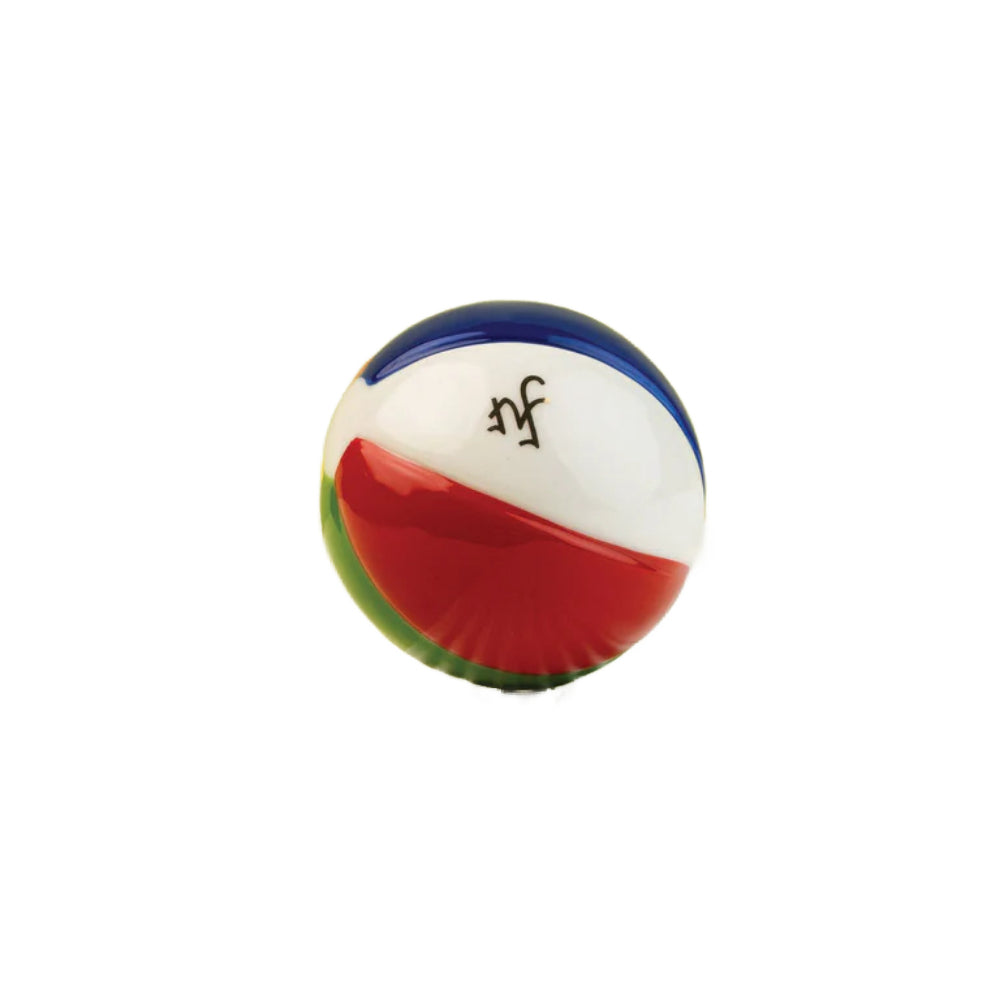 Colorful beach ball with a Nora Fleming logo on a white backround.