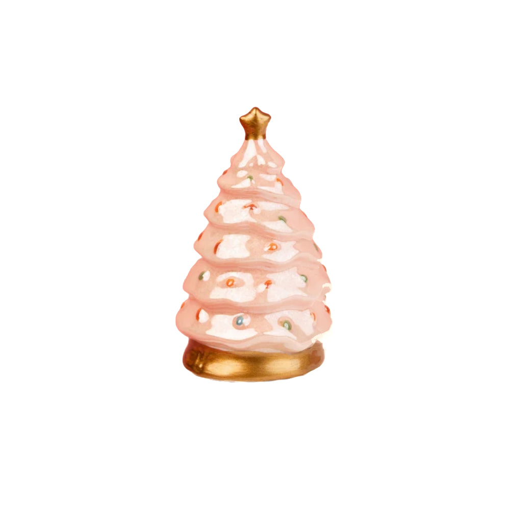 A small decorative Christmas tree figurine with a light pink frosted body, gold star topper, and gold base, shown on a plain white background.