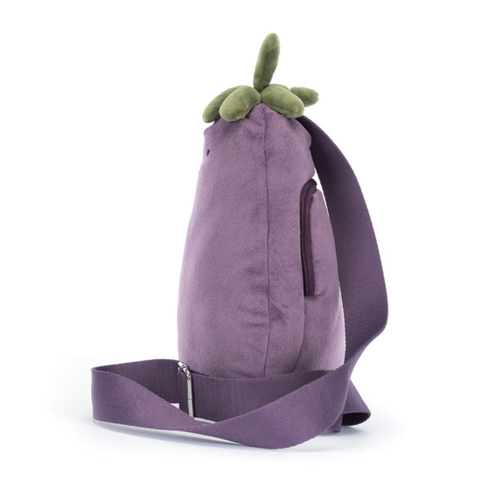 Purple backpack shaped like an eggplant on a white background
