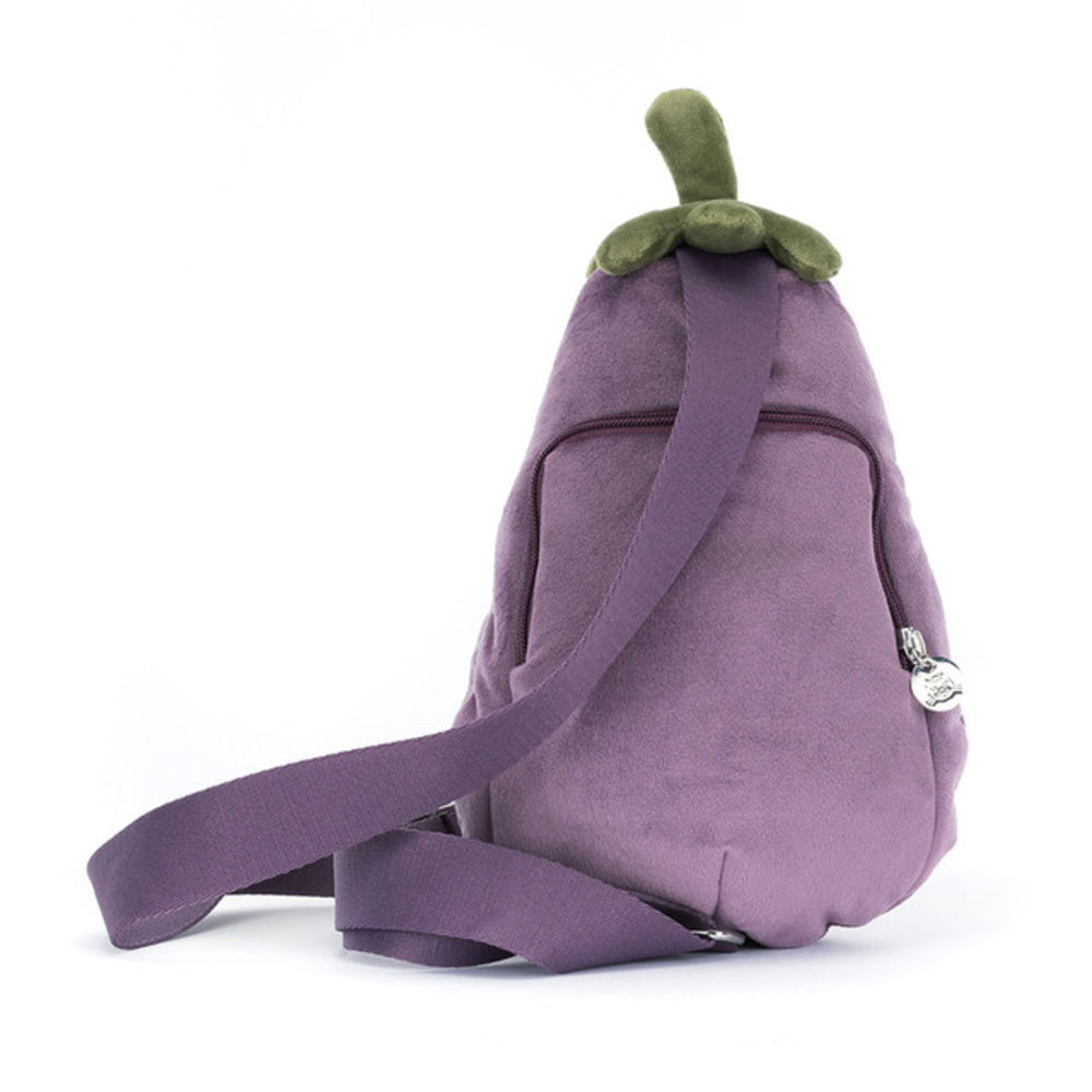 Purple backpack shaped like an eggplant on a white background