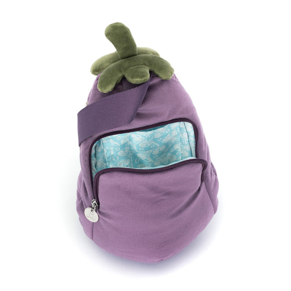 Purple backpack shaped like an eggplant with green top on a white background