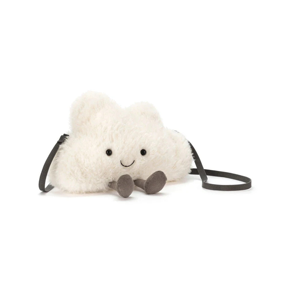White fluffy Cloud bag with a smiling  face, grey legs and grey strap on a white background.