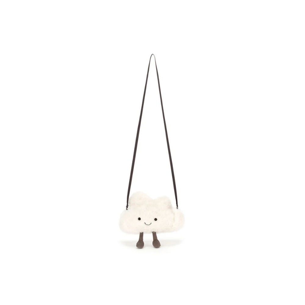 White cloud bag with grey strap and legs on a white backround.
