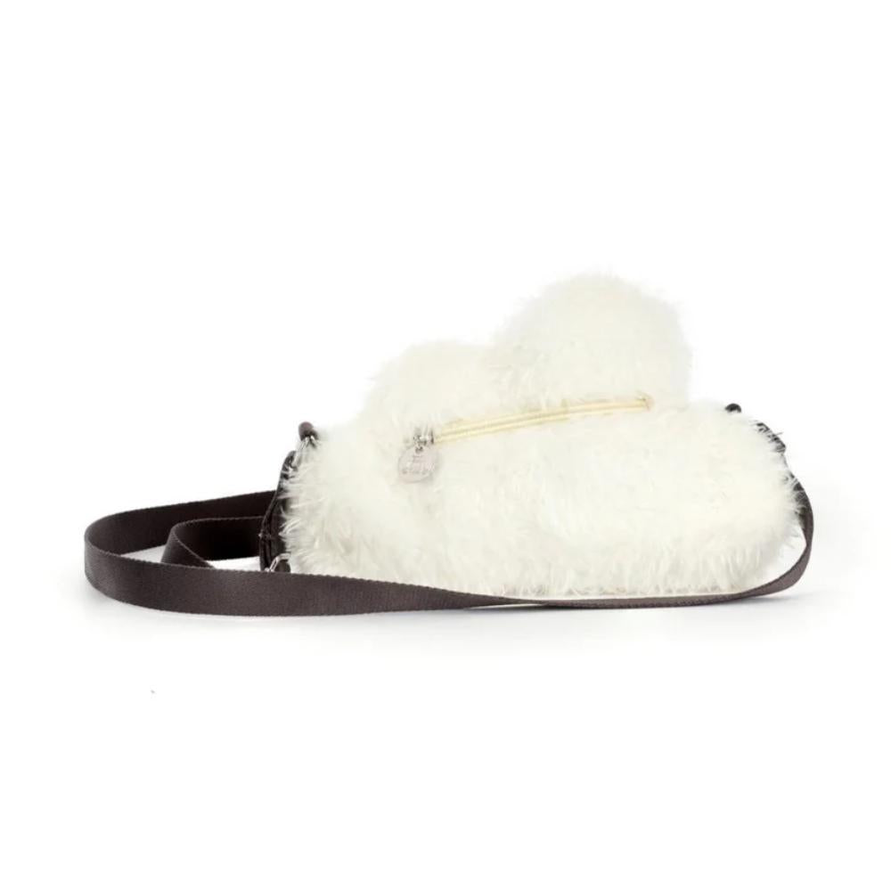 White plush cloud pouch with a brown   strap on a white background