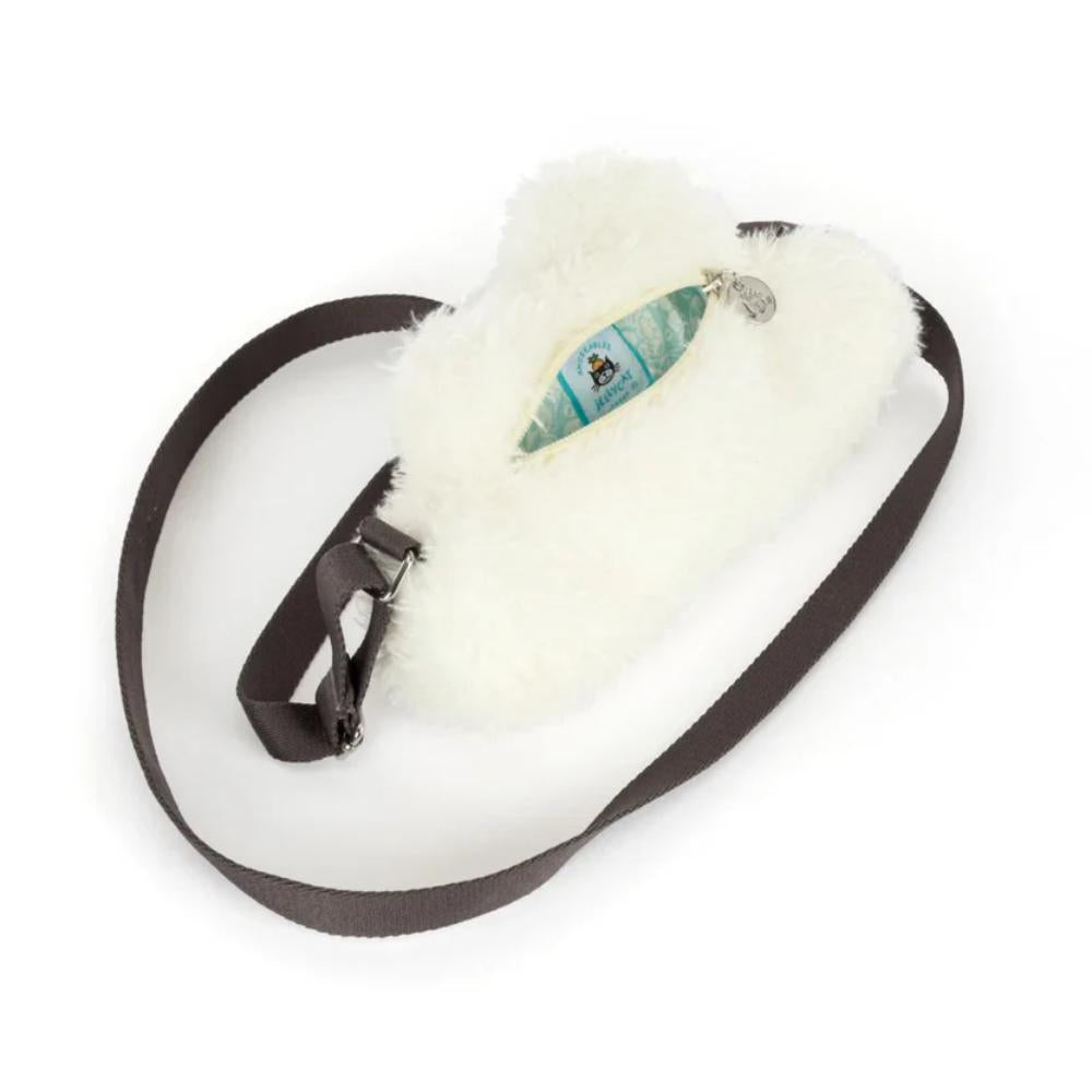 White plush cloud pouch with a brown   strap on a white background