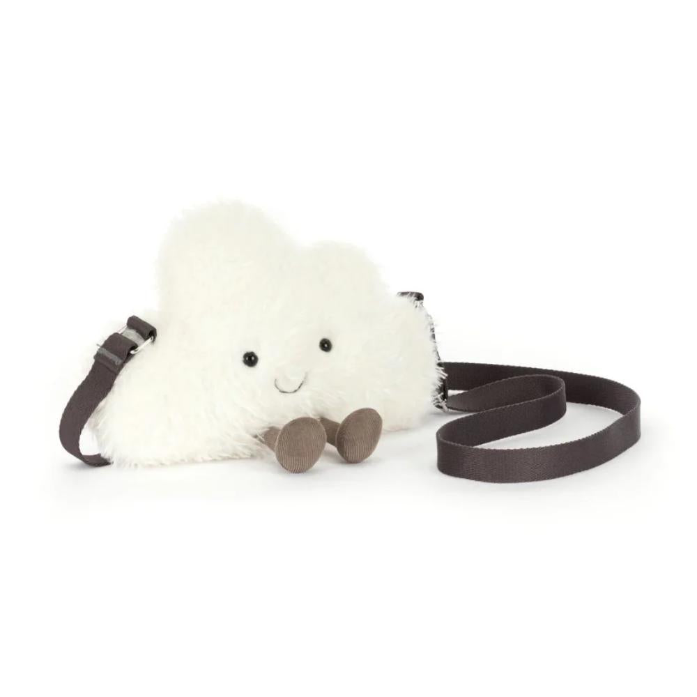 White plush cloud pouch with a brown   strap on a white background