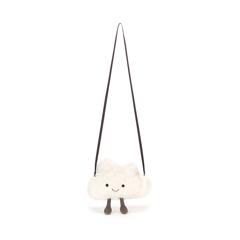 Plush cloud toy bag with strap and  a smiley face with grey legs on a white background.