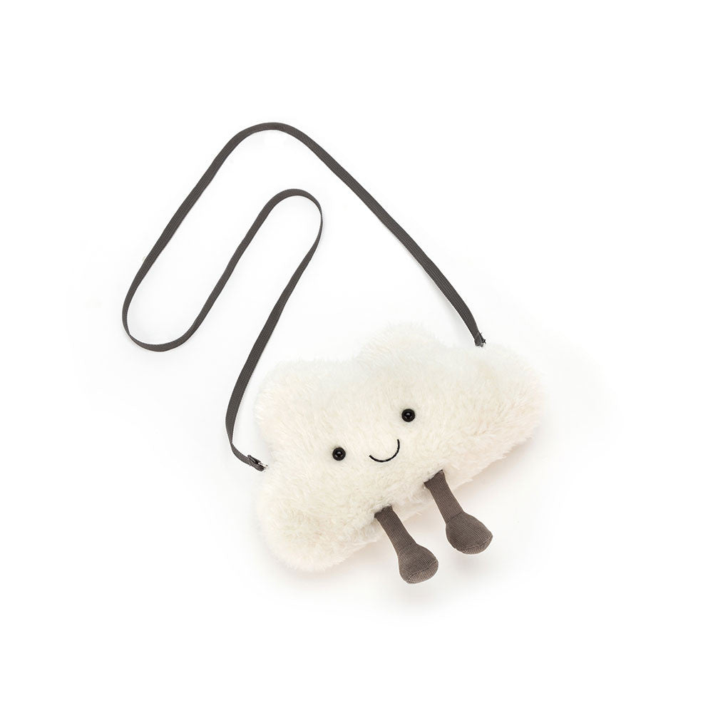 Plush cloud toy bag with strap and  a smiley face with grey legs on a white background.