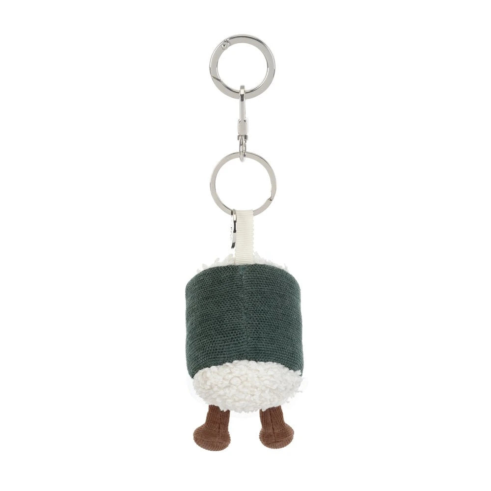 Back of a green Hosomaki Bag Charm on a white backround.
