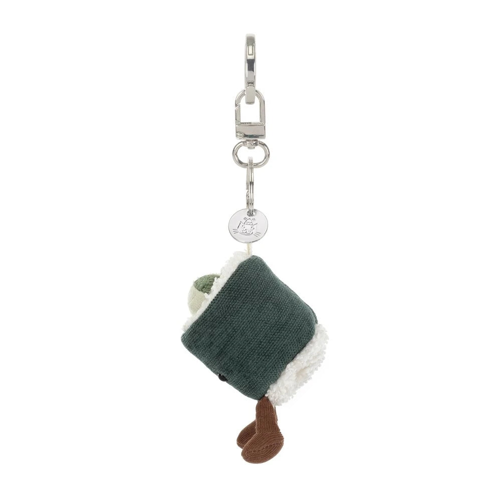 Side of a green Hosomaki Bag Charm on a white backround.
