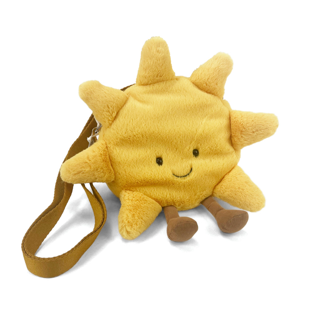Plush sun-shaped bag with a strap on a white background