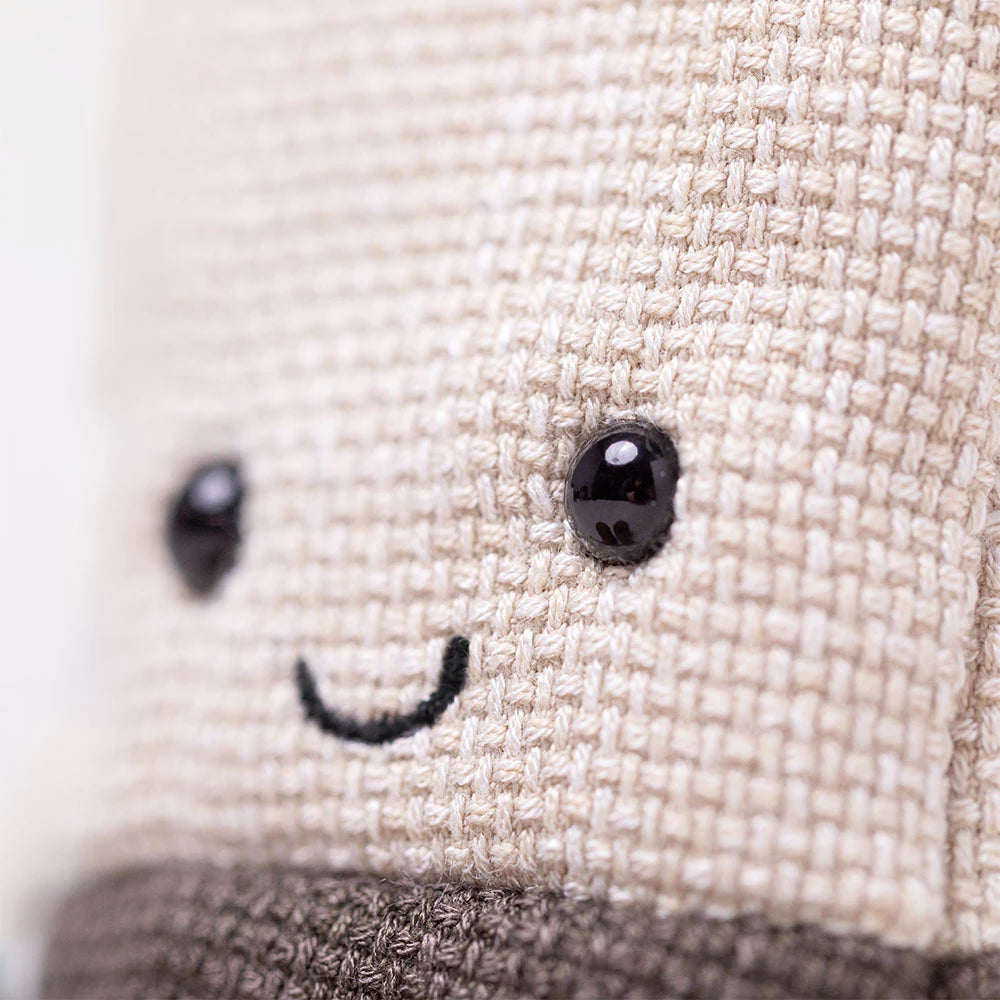 A close up photo of  the eyes of the Steepy Tea Bag plush toy on a white backround. 