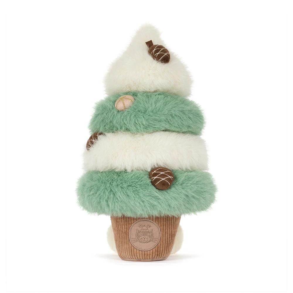 The back of a  plush stuffed toy tree shaped like a dessert or cupcake, with fluffy white and mint green layers, brown acorn details, and a brown corduroy base with small cream-colored feet, photographed on a clean white background.
