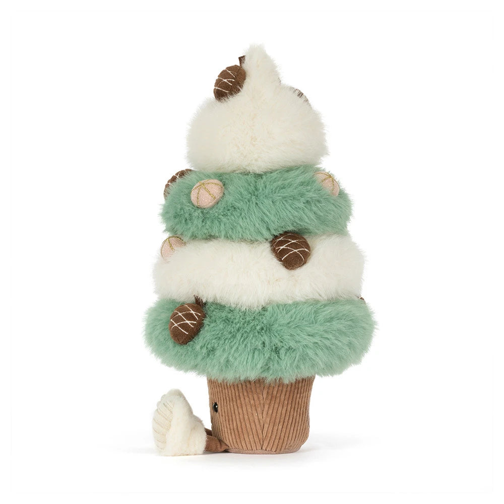 A side of a plush stuffed toy tree shaped like a dessert or cupcake, with fluffy white and mint green layers, brown acorn details, and a brown corduroy base with small cream-colored feet, photographed on a clean white background.