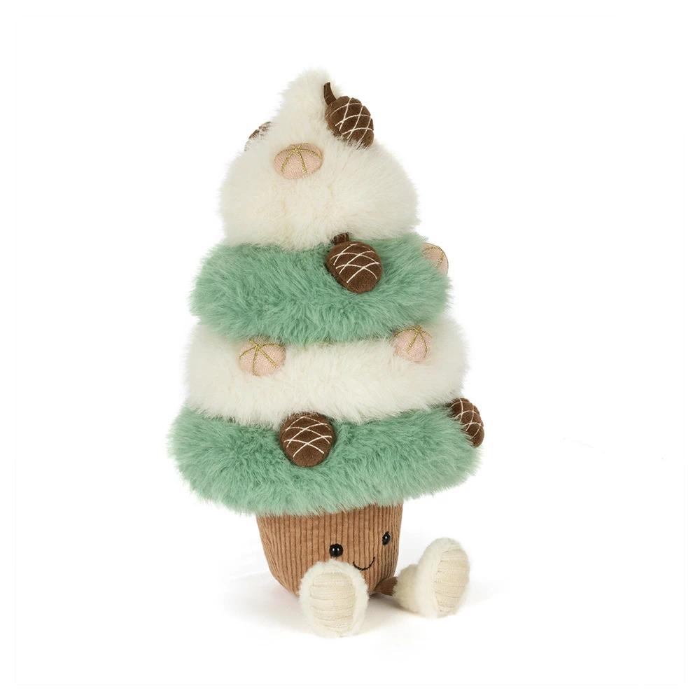 A plush stuffed toy tree shaped like a dessert or cupcake, with fluffy white and mint green layers, brown acorn details, and a brown corduroy base with small cream-colored feet, photographed on a clean white background.