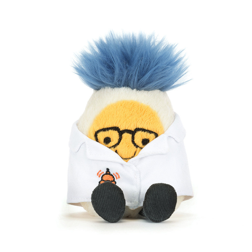 Jellycat boiled egg plush toy with a face design dressed as a Scientist with a white jacket ,on a white background