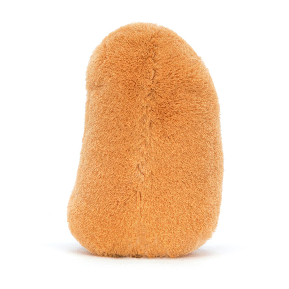A photo of the back of a plush toy resembling musterd colored Bean with a smiling face and brown leggs on a white background.