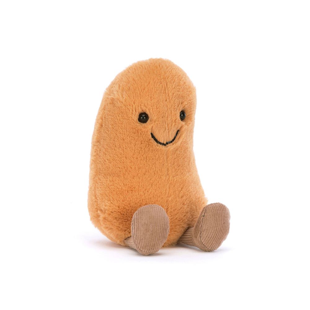 Plush toy resembling musterd colored Bean with a smiling face and brown leggs on a white background.