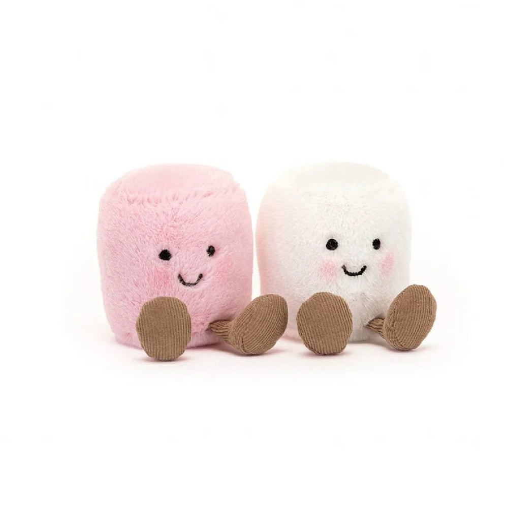 A angled photo of two Marshmallow plush toys, one pink and one white, with brown feet on a white background.