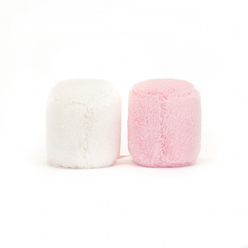 A back photo of two Marshmallow plush toys, one pink and one white, with brown feet on a white background.