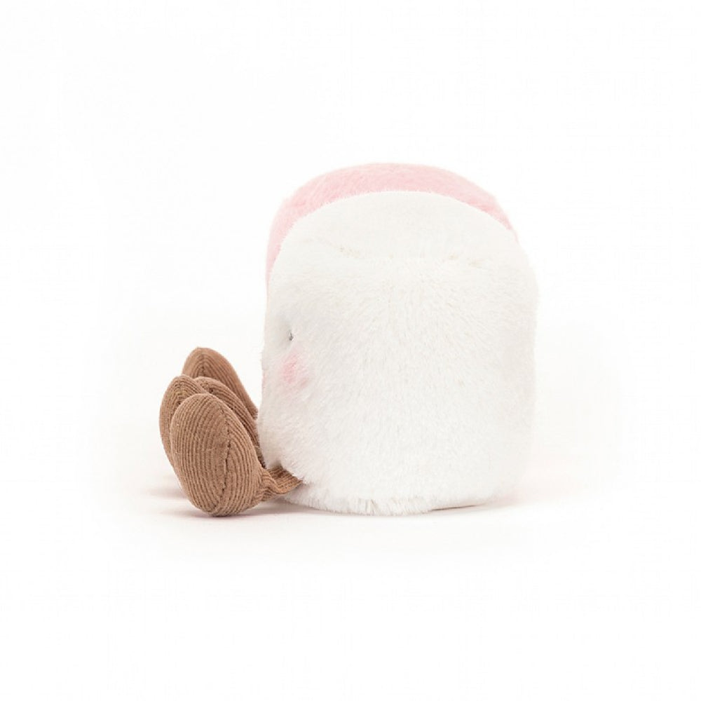 A side photo of two Marshmallow plush toys, one pink and one white, with brown feet on a white background.