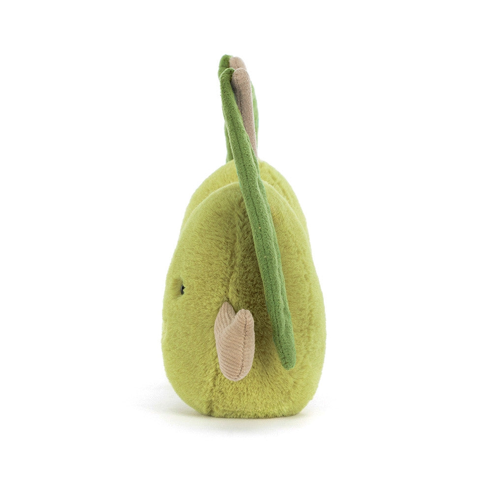 Right side facing photo of two green pair of olives plush toy with leafy green tops on a white background