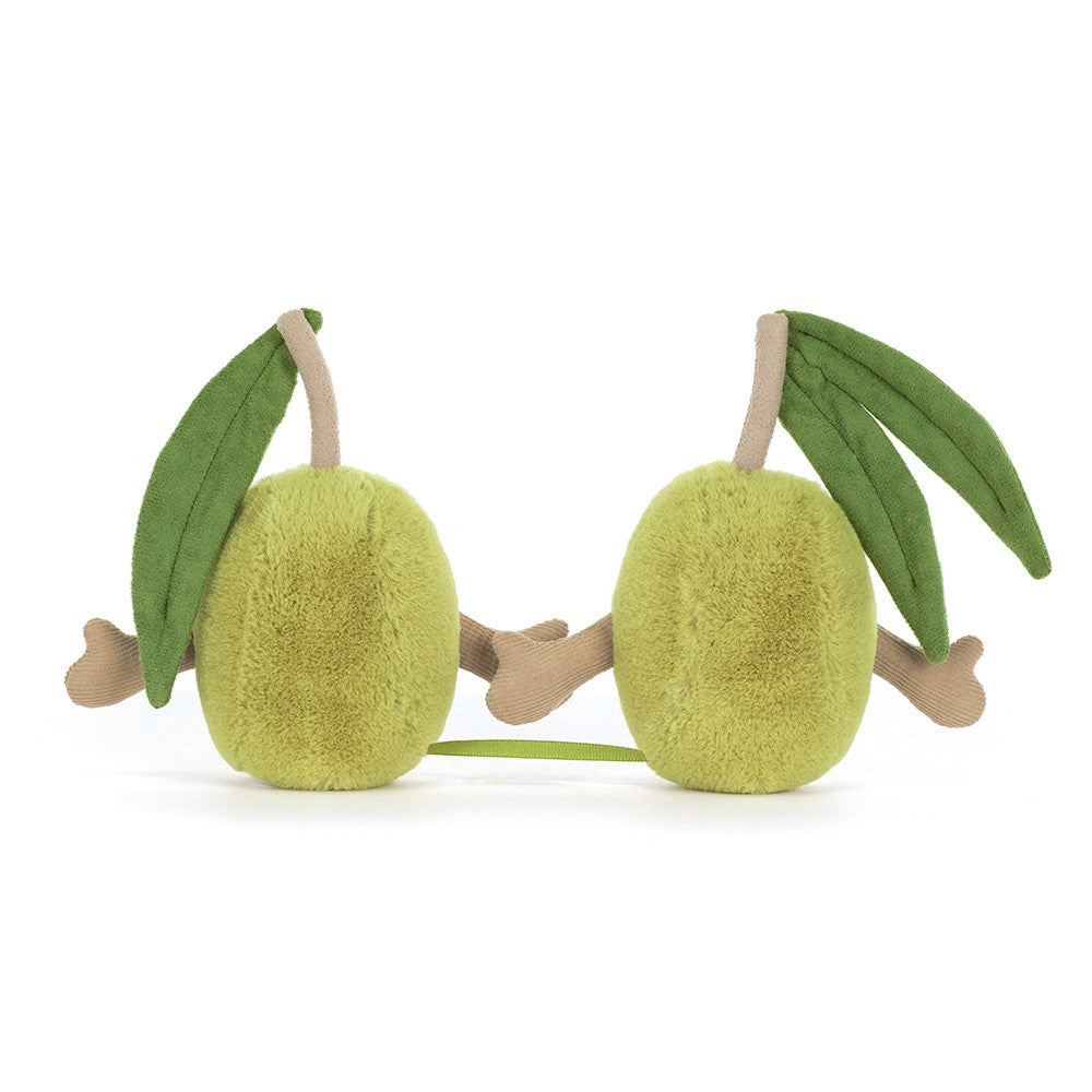 Back side facing photo of an green pair of olives plush toy with leafy green tops on a white background