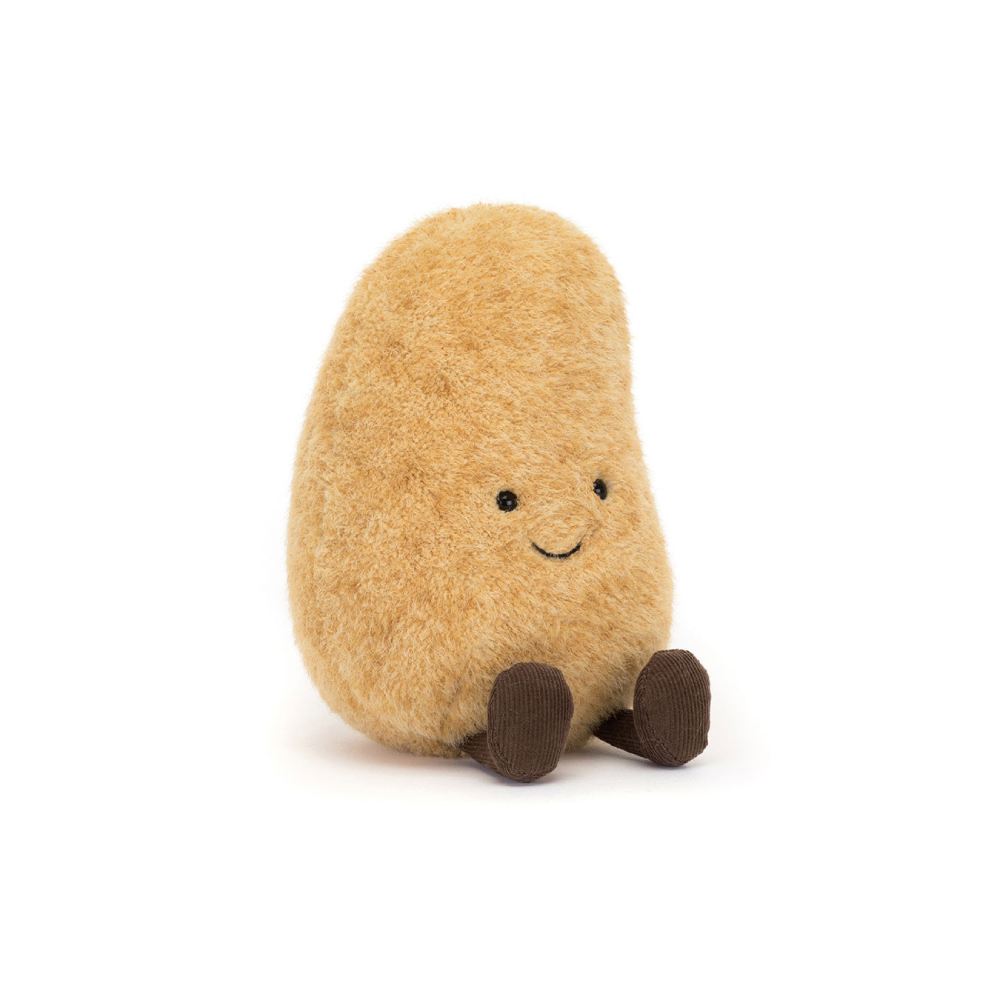 Plush toy shaped like a potato with a smiling face and brown legs and feet on a white background.