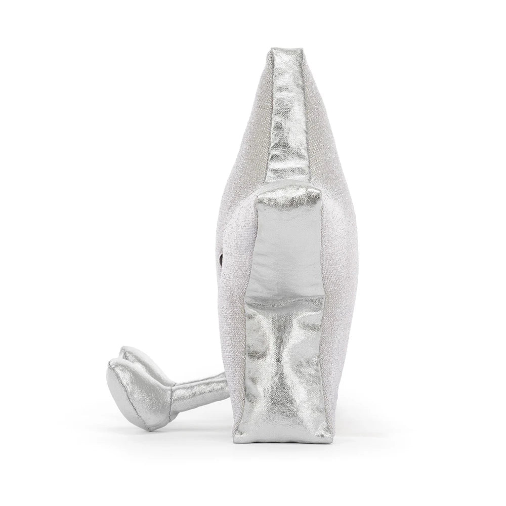 A silver metallic plush toy shaped like a stylized animal head with small feet, shown standing upright on a white background.