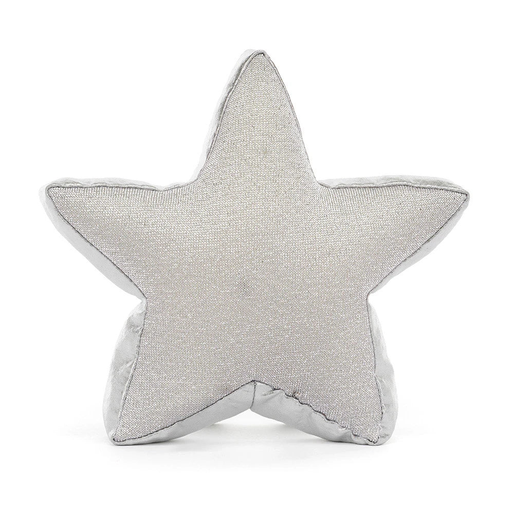 A star-shaped decorative plush toy in a textured silver-gray fabric, shown against a plain white background.
