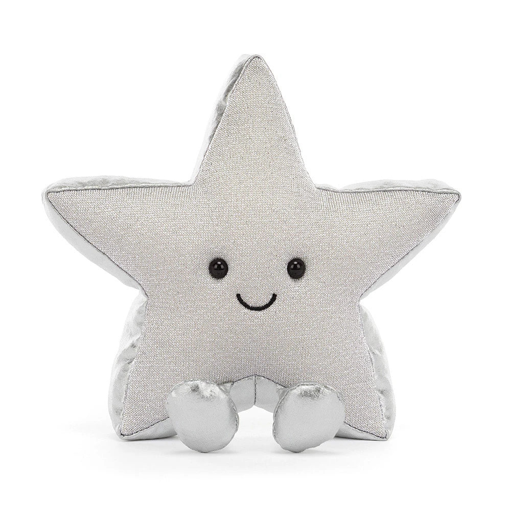 A silver star-shaped plush toy with a smiling embroidered face and small feet, photographed against a clean white background.