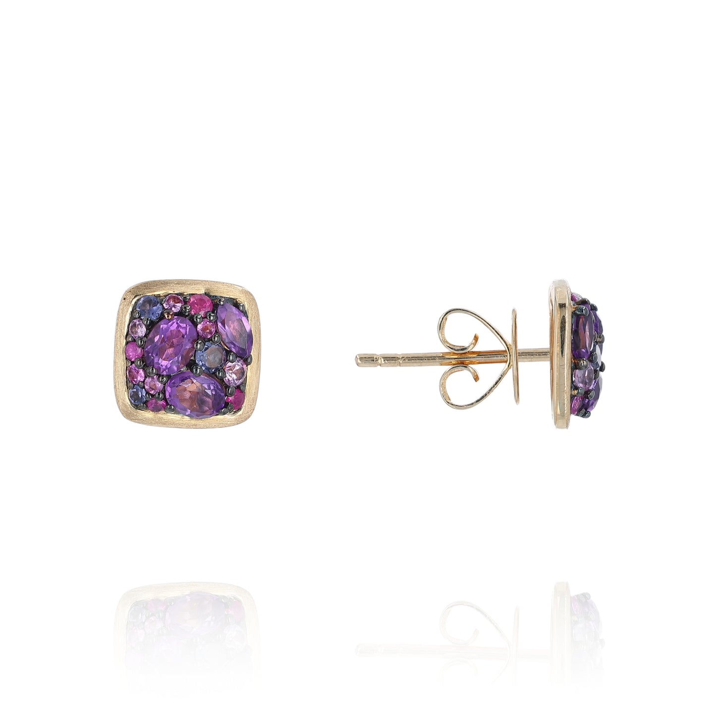 14Y Cushion Stud Earrings Amethyst, PS, & Iolite 1.33tw Satin Finish