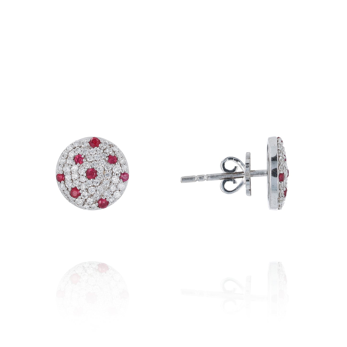 White gold round pave diamond and ruby stud earrings on a white background