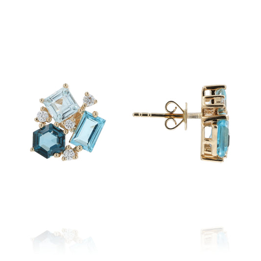 14k Gold Multi Shape Blue Topaz and Diamond Stud Earrings