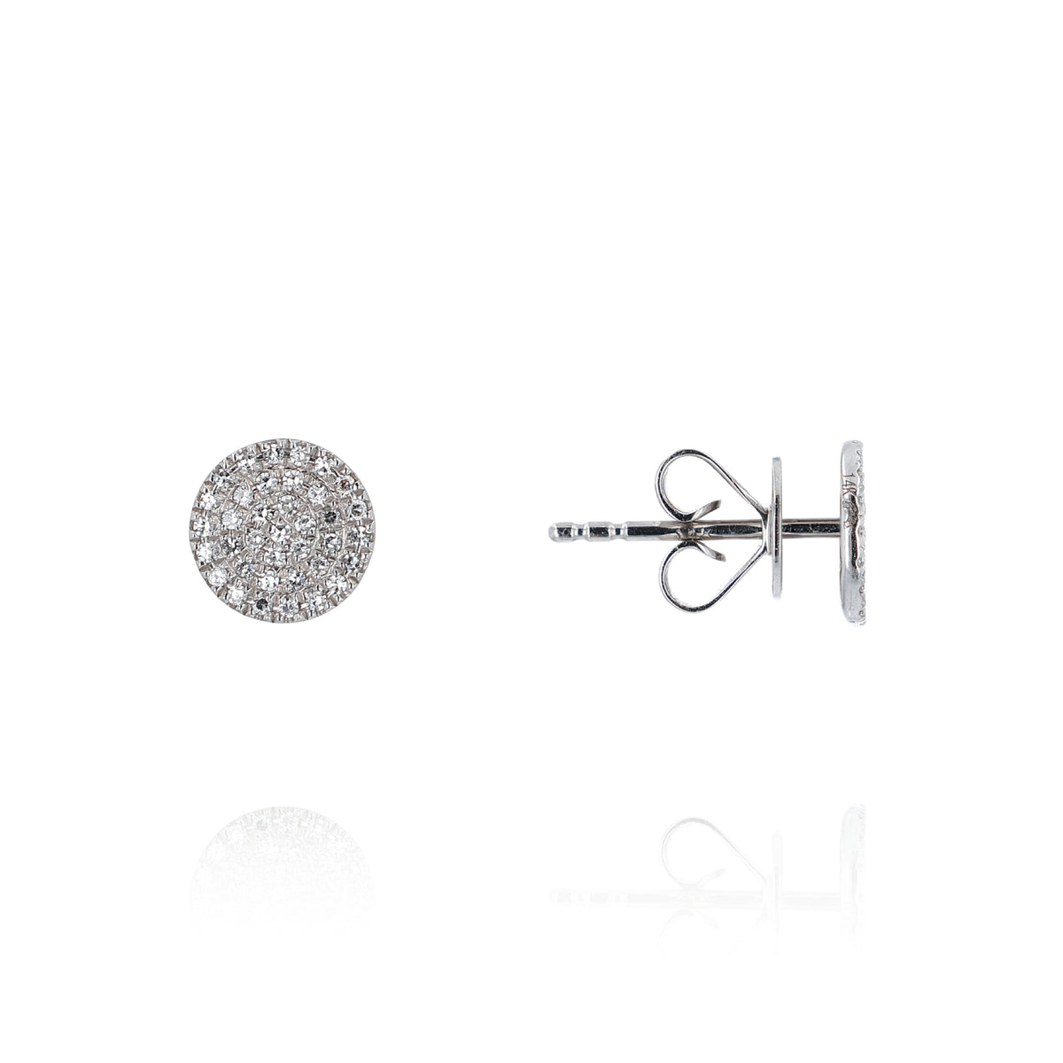 A pair of round pavé stud earrings in white gold, with one earring shown from the front and the other from the side displaying the post and butterfly back, on a white background